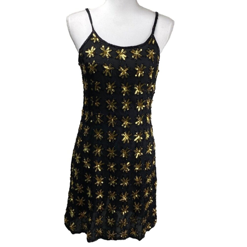 Vintage Mark and John by Gopal Dress  Black Sz L 100% Silk Stars Embellished